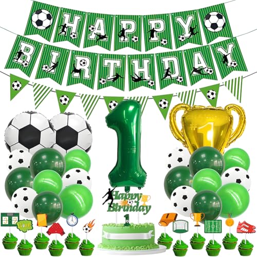 Fußball 1. Geburtstag Deko Set - Grün Folienballon 1, Folienballons Fußball, Latexballons Grün, Trophäe Luftballon, Zahl 1 Kerze, mit Tortendeko, für 1 Jahre Kinder Anniversaire Party von OPVXZAD