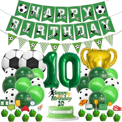 Fußball 10. Geburtstag Deko Set - Grün Folienballon 10, Folienballons Fußball, Latexballons Grün, Trophäe Luftballon, Zahl 10 Kerze, mit Tortendeko, für 10 Jahre Kinder Anniversaire Party von OPVXZAD
