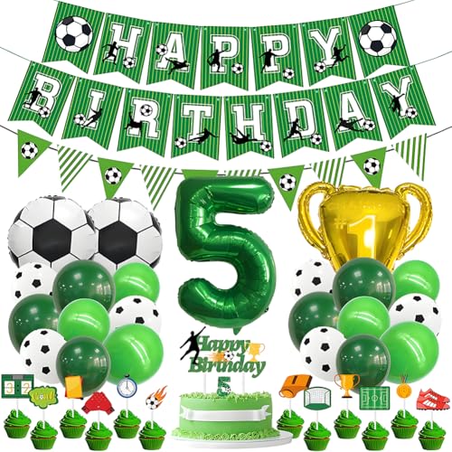 Fußball 5. Geburtstag Deko Set - Grün Folienballon 5, Folienballons Fußball, Latexballons Grün, Trophäe Luftballon, Zahl 5 Kerze, mit Tortendeko, für 5 Jahre Kinder Anniversaire Party von OPVXZAD