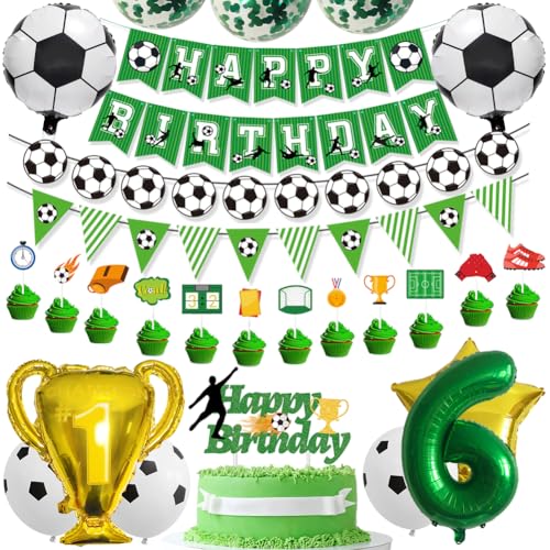 Fußball 6 Geburtstag Deko Set-Grün Folienballon 6,Folienballons Fußball,Latexballons Grün,Trophäe Luftballon,Konfetti Luftballons Green,mit Tortendeko, Ballonband,für 6 Jahre Kinder Anniversaire Party von OPVXZAD
