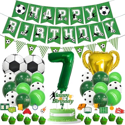 Fußball 7. Geburtstag Deko Set - Grün Folienballon 7, Folienballons Fußball, Latexballons Grün, Trophäe Luftballon, Zahl 7 Kerze, mit Tortendeko, für 7 Jahre Kinder Anniversaire Party von OPVXZAD