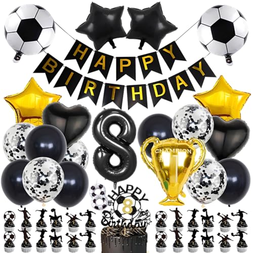 Fussball 8 Geburtstag Deko Schwarze Gold, Schwarz Zahlen 8 Luftballons Geburtstag, Folienballon Fußball, Konfetti Luftballons, Zahl 8 Kerze, mit Tortendeko, für 8 Jahre Kinder Anniversaire Party von OPVXZAD