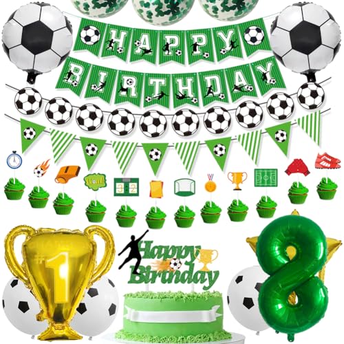 Fußball 8 Geburtstag Deko Set-Grün Folienballon 8,Folienballons Fußball,Latexballons Grün,Trophäe Luftballon,Konfetti Luftballons Green,mit Tortendeko, Ballonband,für 8 Jahre Kinder Anniversaire Party von OPVXZAD