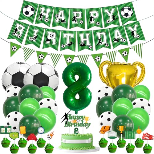 Fußball 8. Geburtstag Deko Set - Grün Folienballon 8, Folienballons Fußball, Latexballons Grün, Trophäe Luftballon, Zahl 8 Kerze, mit Tortendeko, für 8 Jahre Kinder Anniversaire Party von OPVXZAD