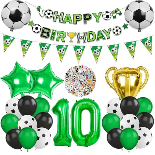 Fußball Luftballon 10. Geburtstag Deko Set, Football Luftballon Folienballon, Zahlen 10 Grün Folienballon, Fussball Banner & Stickers für Kinder Junge 10 Jahre Birthday Party Dekorationen von OPVXZAD