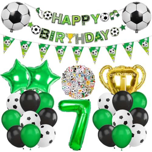 Fußball Luftballon 7. Geburtstag Deko Set, Football Luftballon Folienballon, Zahlen 7 Grün Folienballon, Fussball Banner & Stickers für Kinder Mädchen Junge 7 Jahre Birthday Party Dekorationen von OPVXZAD