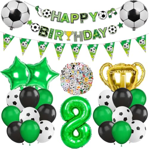 Fußball Luftballon 8. Geburtstag Deko Set, Football Luftballon Folienballon, Zahlen 8 Grün Folienballon, Fussball Banner & Stickers für Kinder Mädchen Junge 8 Jahre Birthday Party Dekorationen von OPVXZAD