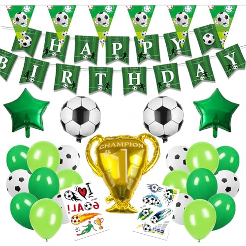 Fußball Luftballon Geburtstag Deko, Grün Football Geburtstagsdeko Banner, Fußball Folienballon Champion Trophäe Ballon Soccer Stickers Set für Jungen Kindergeburtstag Party (set) von OPVXZAD