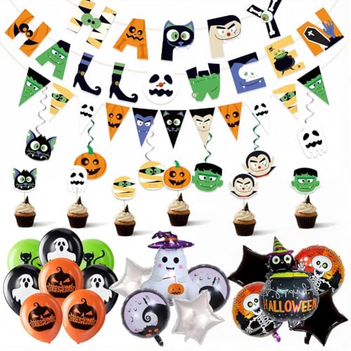 Halloween Dekoration Set Happy Halloween Banner mit Hängende Wirbel Dreieckige Hängende Papierbanner Kürbis Ghost Skelett Folienballon Kuchentopper für Terror Party Dekoration Halloween Dekoration Set Happy Halloween Banner mit Hängende Wirbel Dreieckige Hängende Papierbanner Kürbis Ghost Skelett Folienballon Kuchentopper für Terror Party Dekoration von OPVXZAD