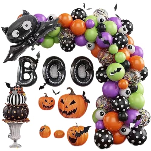 Halloween Luftballons Bogen Girlande Kit mit Fledermaus BOO Aluminiumfolieballon Fledermaus Tapete Augen Ballons Schwarzer Ballon mit Punkten für Halloween Party Dekorationen Zubehör von OPVXZAD