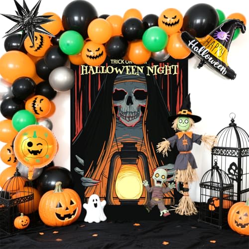Halloween Luftballons Bogen Girlande Kit mit Todesgott Hintergrund Tuch Kürbis Hexe Mütze Aluminium-Ballon Schwarz Orange Grün Thema für Halloween Party Dekorationen Zubehör von OPVXZAD