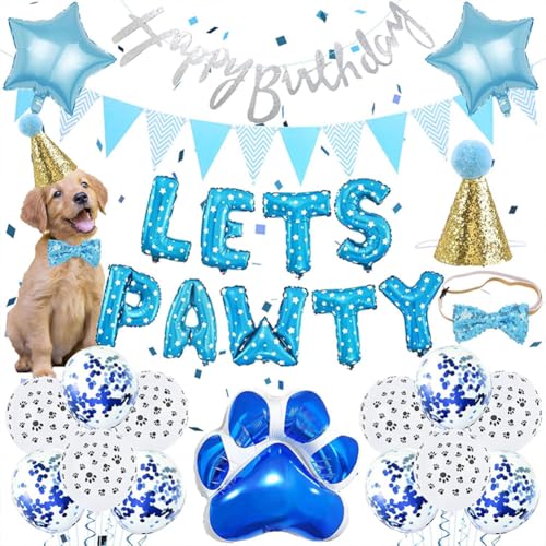 Haustier Geburtstag Party Dekoration,41pcs Hund Geburtstag Dekoration，Aluminiumfolie Ballons,Happy Birthday Banner,Geburtstagshut,Glänzende Schleife Hunde Geburtstag Tierbedarf (Blau) von OPVXZAD