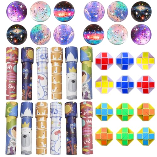 Kindergeburtstag Mitgebsel, 36 Stück Gastgeschenke Set, Klassisches Kaleidoskope, Flummi Planeten Spielzeug, Magische Schlange Blöcke, Partygeschenke für Jungen und Mädchen von OPVXZAD