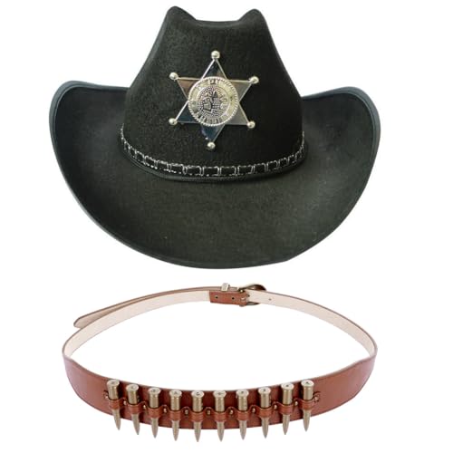 OPVXZAD Cowboyhut, Damen Lederoptik Hut, Westernhut Faschingshut Breiter Krempe mit Lederband, Cowboy Halfter und Gürtel Kopfbedeckung für Western Party Cosplay Mottoparty Karneval (Schwarz) von OPVXZAD