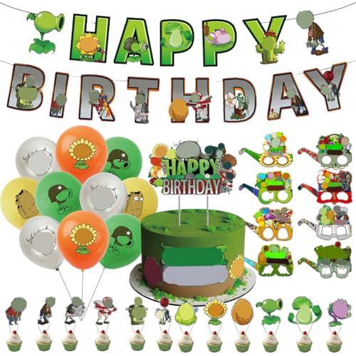 Plants-Zombies Party Deko Set Videospiel Thema Geburtstagsdeko Banner Luftballons Cupcake Topper Fotorequisiten Geburtstag Kinderparty Motto Party Zubehör Dekoartikel Jungen Mädchen Spiel Fans von OPVXZAD