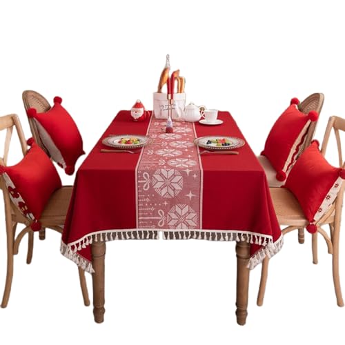 Terylen Tischdecke Quaste Tischtuch Weihnachts-Tischdekorationen Frohe Weihnachten Partyzubehör -Rot-1-140x220cm/55x86inch von OQHAIR