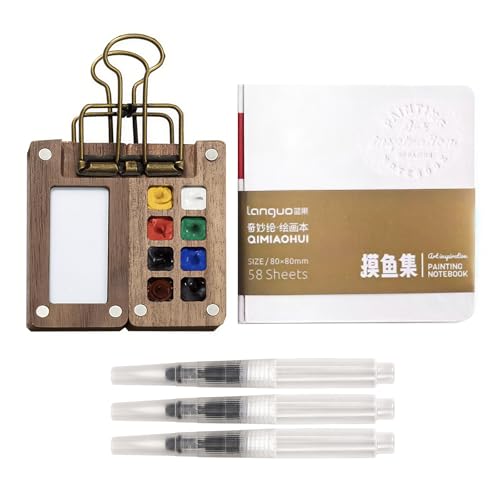 Mini Aquarell Set mit Holz Palette & Skizzenbuch,8-Gitter Magnetische Mischpalette (Klappbar), Aquarellpapier Journal, 3 Kugelschreiber,Tragbare Künstler & Reise von ORARTMM