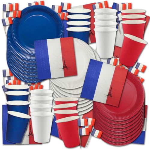 Frankreich Partygeschirr Set blauweißrot BASIC - Pappteller, Pappbecher, Frankreich Deko Servietten & Frankreich Flaggenpicker für bis zu 20 Personen in den Farben der französischen Tricolore von ORDENO