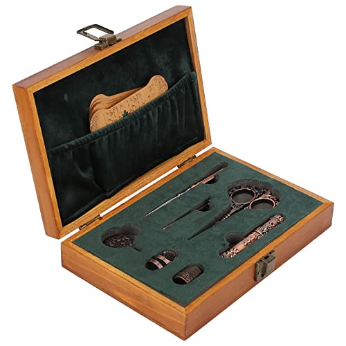 OREQ 7 teiliges Stickscheren Set, Europäisches Vintage Edelstahl Nähwerkzeug mit Fingerhut, Schere, Fadenschneider, Nadeln und Holzkiste, Zum Basteln, Nähen, Handarbeiten(Bronze) von OREQ