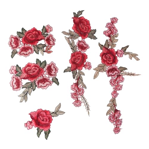 ORFOFE 5 Stück Teiliges Rote Wasserlösliche Stickerei-patches Bestickte Blumen-applikationen zum Aufnähen DIY Textil-aufnäher für Jacken Jeans Rucksäcke Langlebig und Präzise Gefertigt von ORFOFE