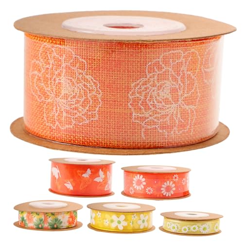 ORFOFE 6 Rollen Bedrucktes Geschenkband mit Blumenmuster Doppelseitiges Polyester Satinband Vielseitiges Dekoband für Basteln DIY Schleifen Festliche Geschenkverpackung von ORFOFE