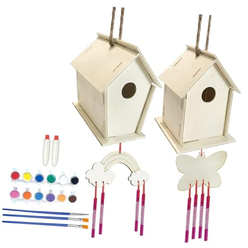 ORFOFE DIY Vogelhaus Bausatz Holz Windspiel zum Bauen und Bemalen Unfertige Vogelhäuser mit Farben Pinseln Windspielen Kleber Aufhängung Kreatives Bastelspiel für Drinnen und Draußen von ORFOFE