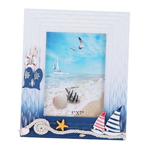 ORFOFE Maritimer Bilderrahmen Holz 7-Zoll mit Meeresmuscheln Mediterraner Fotorahmen Nautischer Stil Schreibtisch Dekoration für Wohnzimmer Schlafzimmer Desktop Ornament von ORFOFE