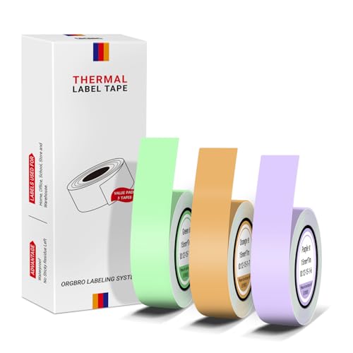 ORGBRO 1 x Etikettenklebeband, echtes Thermo-Etikettendruckpapier, 15 mm x 7 m, Standard-laminiertes Büro-Etikettierband, 3 Rollen, Grün/Violett/Orange von ORGBRO