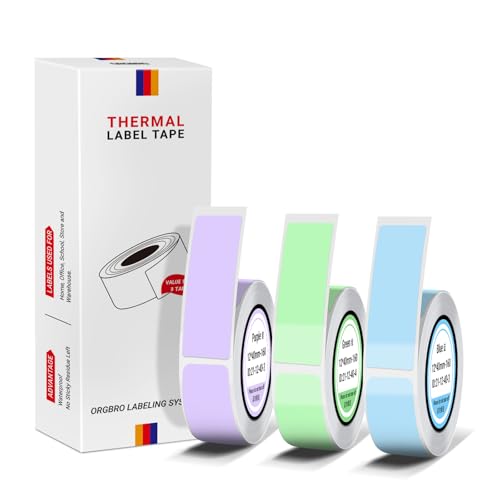 ORGBRO X1 Thermo-Etikettendruckpapier, 12 x 40 mm, Standard-laminiertes Büro-Etikettierband, Ersatz, 160 Bänder/Rolle, 3 Rollen, grün/lila/blau von ORGBRO