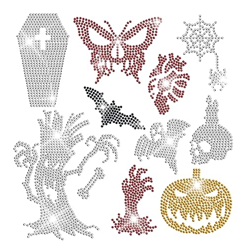ORIGACH 10 Stück Halloween Strass Bügeln auf Transfers Aufnäher für Hemden Kristall Kürbis Schädel Fledermaus Applikation Abziehbild Glitter Kleidung Reparatur Dekoration für Kleidung Tasche Hosen von ORIGACH