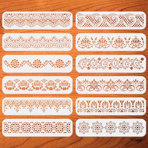 ORIGACH 12 Stück Blumenbordüren Schablone zum Malen - 30x7,6cm Mandala-Bordüren Schablone für Blumenkanten - Wiederverwendbare Zeichnungsvorlagen zum Malen auf Holz, Leinwand und Wand von ORIGACH