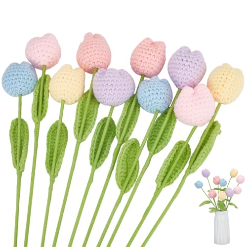 ORIGACH 12 Stück Tulpen-Häkelblumen, Blumenstrauß, handgefertigt, gestrickt, künstliche Tulpen, Heimdekor, Geschenk, für Mutter, Ehefrau, Lehrerinnen (blau, rosa, weiß, gelb, lila) von ORIGACH