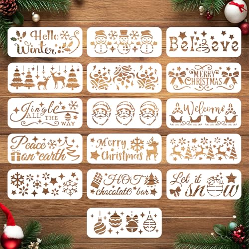 ORIGACH 16 Stück 11,81 x 4,72 Zoll Merry Christmas Schablone Winterfest Schablonen Wiederverwendbare Zeichenschablone zum Malen oder Sprühen auf Holz, Wände, Fenster, Türen, Kunsthandwerk, Dekoration von ORIGACH