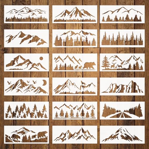 ORIGACH 18 Stück 11,81 x 4,72 Zoll Bergkiefer Baum Tier-Schablone Berglandschaft Schablonen Wiederverwendbare Zeichenschablone zum Bemalen von Wänden, Möbeln, Leinwand von ORIGACH