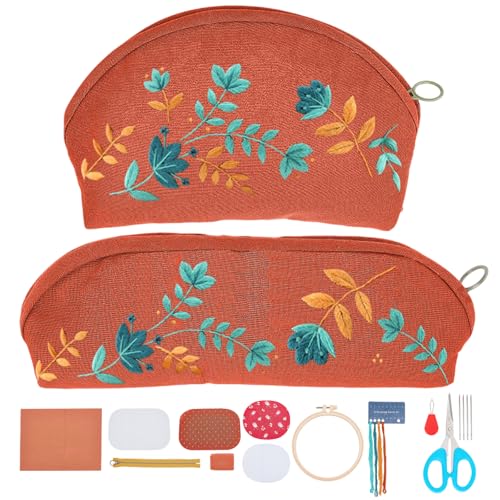 ORIGACH 2 Sets DIY Blumenstickerei Zipper Pouch Kit Mandarine Canvas Halbmond Tasche und Pen Pouch Stickerei Kit für Anfänger mit allen Lieferungen von ORIGACH