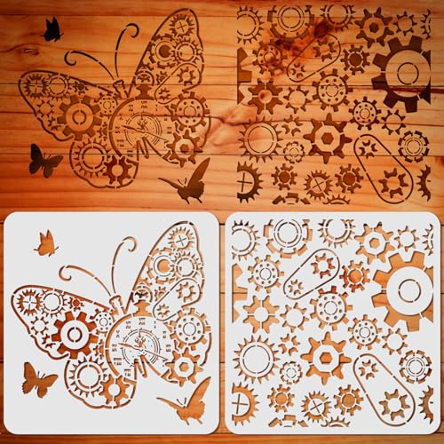 ORIGACH 2 Stück Getriebe Schmetterling Schablonen, Steampunk Malerei Schablone, Wiederverwendbare DIY-Bastelschablonen, Wand Malen Schablonen, Malschablone für Malerei Holz Wand Deko, 30×30 CM von ORIGACH