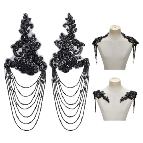 ORIGACH 2 Stück schwarze Strass-Applikationen, ausgefallene Perlen-Patches für Frauen, Hochzeit, Brautschmuck, Kristall, Schulter-Pailletten, Patch, DIY, Nähen, Kleidung, Handwerk, Dekoration von ORIGACH