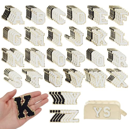 ORIGACH 208 Stück Aufbügeln Chenille Buchstaben Aufnäher A–Z, Aufbügeln Buchstaben Kleidung Patches Gestickter Alphabet Patches für Kleidung, Stoff, Schuhe, Taschen (Schwarz & Weiß) von ORIGACH