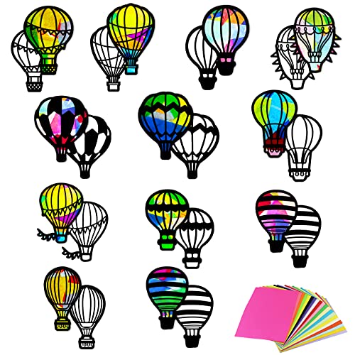 ORIGACH 24 Stück Sonnenfänger Set, Heißluftballon, Buntglas-Effekt, Papierhandwerk mit 32 farbigem Papier, DIY Seidenpapier Sonnenfänger für Fenster, Klassenzimmer, Kunst und Handwerk von ORIGACH
