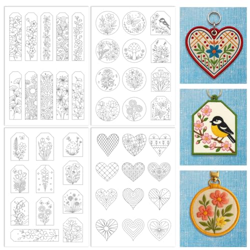 ORIGACH 4 Bögen wasserlösliche Stickmuster-Stabilisatoren – vorgedruckte Blumen-Lesezeichen- und Herz-Designs – Stickpapier für Handnähliebhaber von ORIGACH