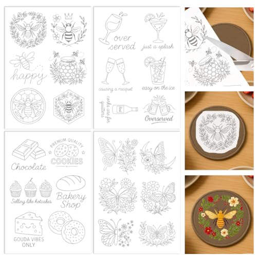 ORIGACH 4 Bögen wasserlösliche Stickmuster-Stabilisatoren – vorgedruckte Schmetterlings-Dessert-Honigkamm-Cocktail- und Wortdesigns – Stickpapier für Handnähliebhaber von ORIGACH