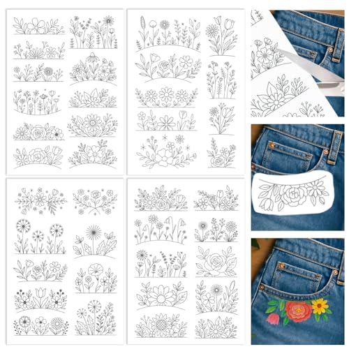 ORIGACH 4 Bögen wasserlösliche Stickmuster-Stabilisatoren – vorgedruckte Wildblumensträucher-Designs – Stickpapier für Handnähliebhaber von ORIGACH
