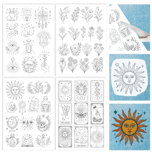 ORIGACH 4 Bögen wasserlösliche Stickmuster-Stabilisatoren – vorgedruckte mystische Wahrsagung Tarot- und Blumendesigns – Stickpapier für Handnähliebhaber von ORIGACH