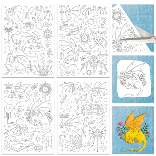 ORIGACH 4 Bögen wasserlösliche Stickmuster-Stabilisatoren – vorgedruckte mythische Drachensträucher-Designs – Stickpapier für Handnähliebhaber ORIGACH 4 Bögen wasserlösliche Stickmuster-Stabilisatoren – vorgedruckte mythische Drachensträucher-Designs – Stickpapier für Handnähliebhaber von ORIGACH