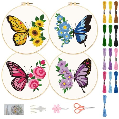 ORIGACH 4 Pack Blumen und Schmetterling Stickerei Kits für Anfänger, DIY Starter Hand Stickerei Kit mit Blumen und Schmetterling Muster und Anleitungen für Erwachsene Frauen Crafting ORIGACH 4 Pack Blumen und Schmetterling Stickerei Kits für Anfänger, DIY Starter Hand Stickerei Kit mit Blumen und Schmetterling Muster und Anleitungen für Erwachsene Frauen Crafting von ORIGACH
