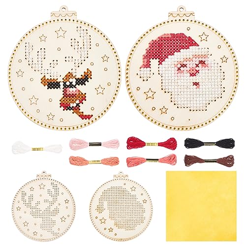 ORIGACH 4 Pcs DIY Weihnachten Holz Kreuzstich Kits für Anfänger DIY Weihnachtsmann Elch Kreuzstich Holz Ornamente enthält 4 Kreuzstich Rahmen, 11 Fäden, 4 Nadeln, 4 Filz, Anleitung von ORIGACH