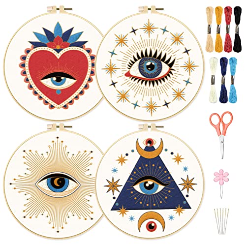 ORIGACH 4 Stück Böses Auge Stickerei Stickanfänger Set für Anfänger mit Muster und Anleitung, Anfänger Stickerei Stich Praxis Kit enthalten Sticktuch, Stickerei Hoops, Fäden und Nadeln von ORIGACH