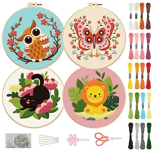 ORIGACH 4 Stück Bunte Tiere Stickerei Anfänger Kit, Cartoon Eule Schmetterling Katze Löwe Stickerei Stich Praxis Kit enthalten Stickerei Stoff, Stickerei Hoops, Fäden und Nadeln von ORIGACH