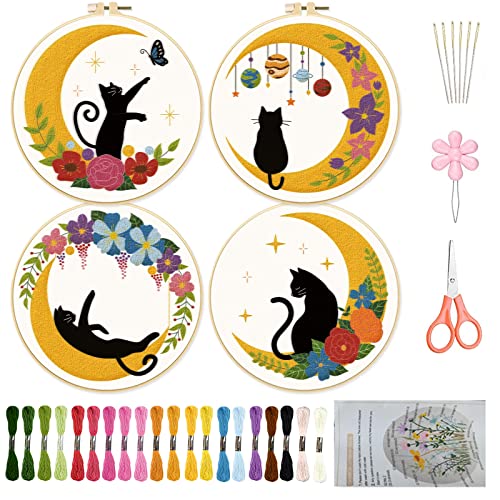 ORIGACH 4 Stück Schwarze Katze Mond Stickerei Starter Kits für Anfänger Erwachsene Katze Mond Blumen Stickerei Kreuzstich Set mit Stickerei Tuch, Stickrahmen, Reifen, Fäden, Nadeln und Anleitung von ORIGACH