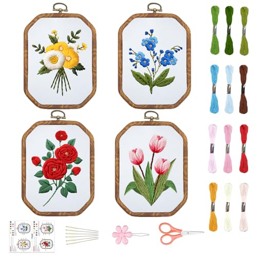 ORIGACH 4 Stück Stickset für Anfänger, DIY Gestempelt Blumen Sticken Set Erwachsene Stickerei Set mit Anleitung, Farbfäden, Stickrahmen und Werkzeuge ORIGACH 4 Stück Stickset für Anfänger, DIY Gestempelt Blumen Sticken Set Erwachsene Stickerei Set mit Anleitung, Farbfäden, Stickrahmen und Werkzeuge von ORIGACH